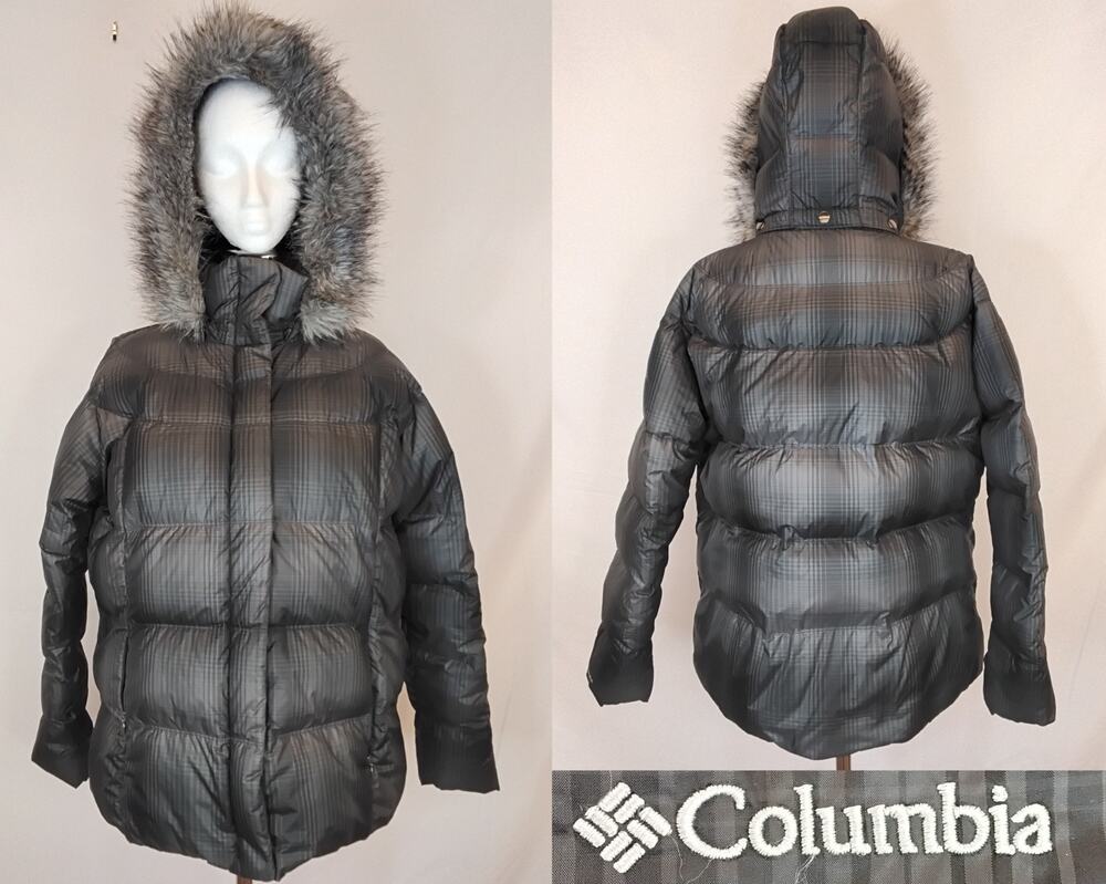 Columbia Down Puffer Jacket Women's 1X Fur Hood Grey Plaid #J5985